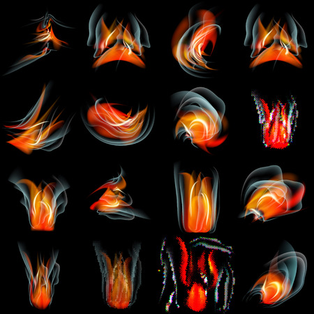 Collection of fires isolated on black background. Vector illustrationのイラスト素材