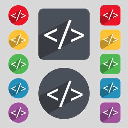 Code sign icon. Programming language symbol. Set of colored buttons. Vector illustrationのイラスト素材