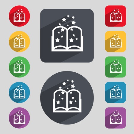 Magic Book sign icon. Open book symbol. Set of colored buttons. Vector illustrationのイラスト素材
