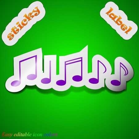 Music note icon sign. Symbol chic colored sticky label on green background. Vector illustrationのイラスト素材