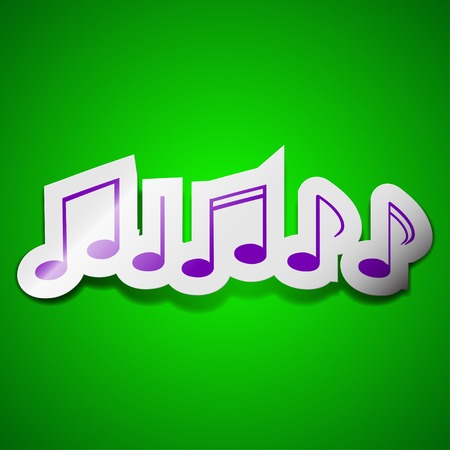 Music note icon sign. Symbol chic colored sticky label on green background. Vector illustrationのイラスト素材