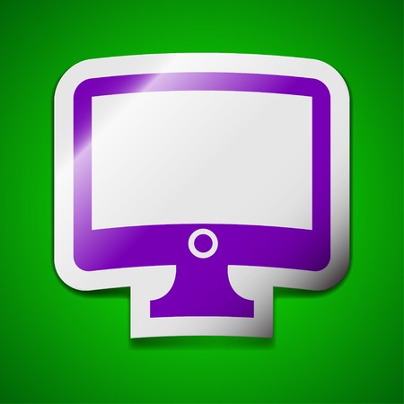 Computer widescreen monitor icon sign. Symbol chic colored sticky label on green background. Vector illustrationのイラスト素材