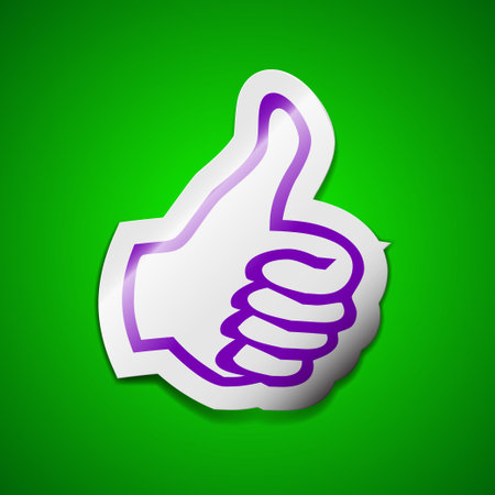 Thumb up, like icon sign. Symbol chic colored sticky label on green background. Vector illustrationのイラスト素材