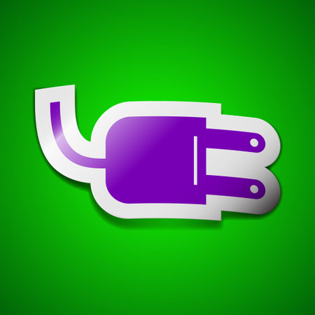 Electric plug icon sign. Symbol chic colored sticky label on green background. Vector illustrationのイラスト素材