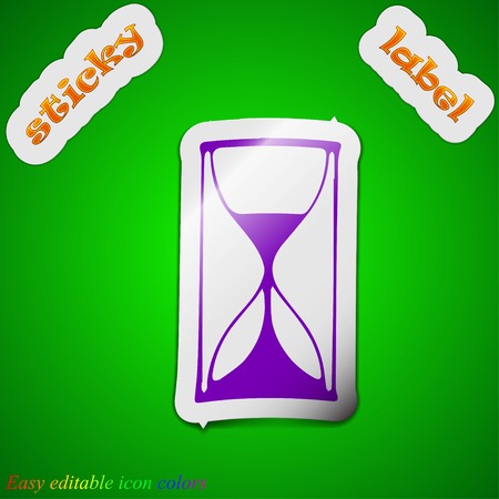 hourglass icon sign. Symbol chic colored sticky label on green background. Vector illustrationのイラスト素材