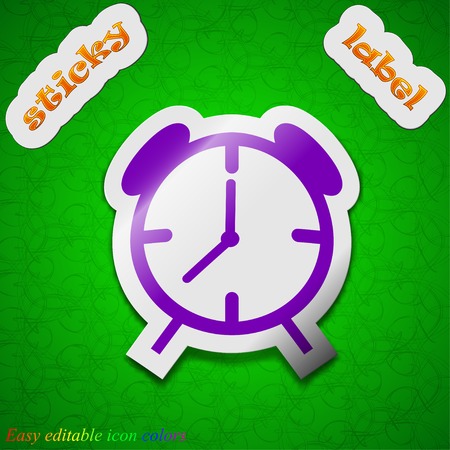 Alarm clock icon sign. Symbol chic colored sticky label on green background. Vector illustrationのイラスト素材