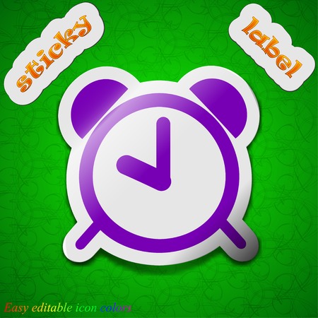 Alarm clock icon sign. Symbol chic colored sticky label on green background. Vector illustrationのイラスト素材