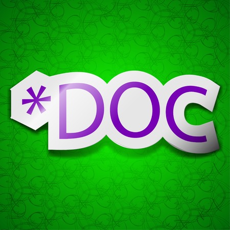 Doc file extension icon sign. Symbol chic colored sticky label on green background. Vector illustrationのイラスト素材