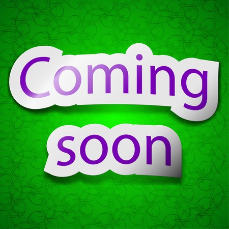 Coming soon icon sign. Symbol chic colored sticky label on green background. Vector illustrationのイラスト素材