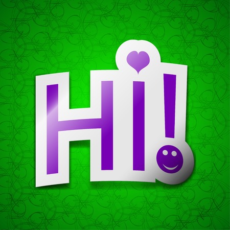 HI icon sign. Symbol chic colored sticky label on green background. Vector illustrationのイラスト素材
