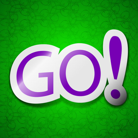 GO icon sign. Symbol chic colored sticky label on green background. Vector illustrationのイラスト素材