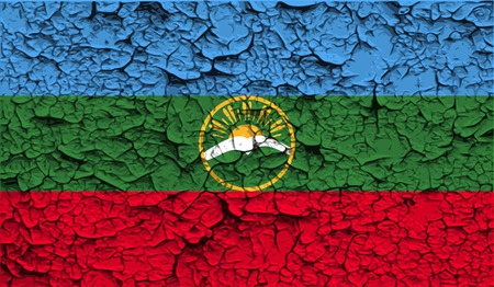 Flag of Karachay-Cherkessia Republic, Russia with old texture. Vector illustrationのイラスト素材