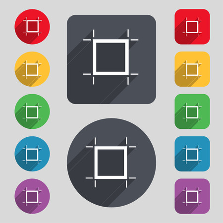 Crops and Registration Marks icon sign. A set of 12 colored buttons and a long shadow. Flat design. Vectorのイラスト素材