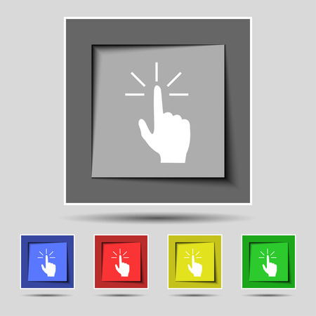 Click here hand icon sign on the original five colored buttons. Vector illustrationのイラスト素材