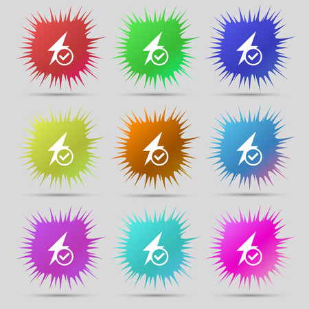 Photo flash icon sign. A set of nine original needle buttons. Vector illustrationのイラスト素材