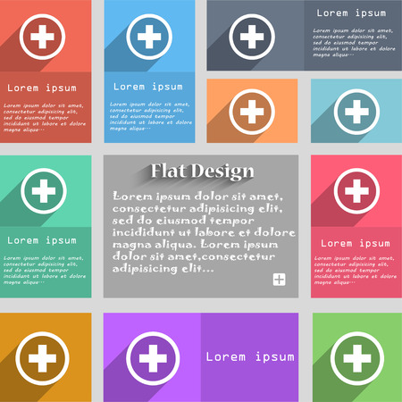 Plus, Positive, zoom icon sign. Set of multicolored buttons. Metro style with space for text. The Long Shadow Vector illustrationのイラスト素材