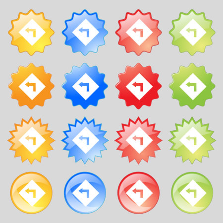 Road sign warning of dangerous left curve icon sign. Big set of 16 colorful modern buttons for your...