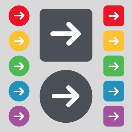 Arrow right, Next icon sign. A set of 12 colored buttons. Flat design. Vector illustrationのイラスト素材