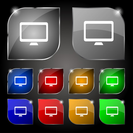 Computer widescreen monitor icon sign. Set of ten colorful buttons with glare. Vector illustrationのイラスト素材