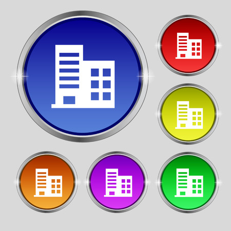 high-rise commercial buildings and residential apartments icon sign. Round symbol on bright colourful buttons. Vector illustrationのイラスト素材