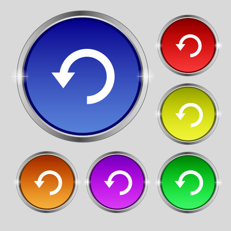 Upgrade, arrow, update icon sign. Round symbol on bright colourful buttons. Vector illustrationのイラスト素材
