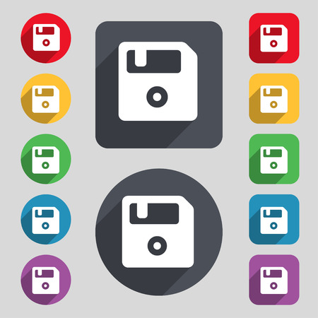floppy  icon sign. A set of 12 colored buttons and a long shadow. Flat design. Vector illustrationのイラスト素材