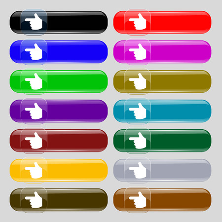 pointing hand  icon sign. Set from fourteen multi-colored glass buttons with place for text. Vector illustrationのイラスト素材