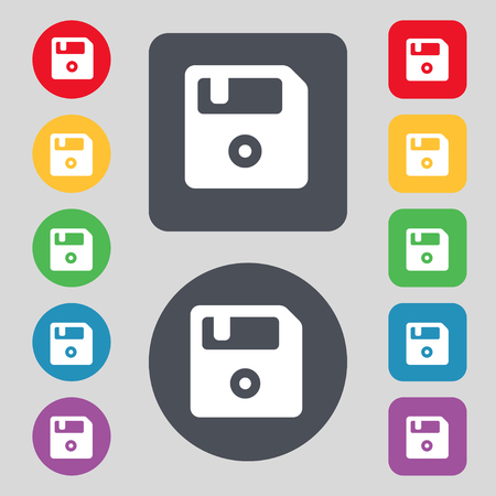 floppy  icon sign. A set of 12 colored buttons. Flat design. Vector illustrationのイラスト素材