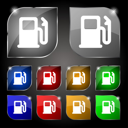 Petrol or Gas station, Car fuel icon sign. Set of ten colorful buttons with glare. Vector illustrationのイラスト素材