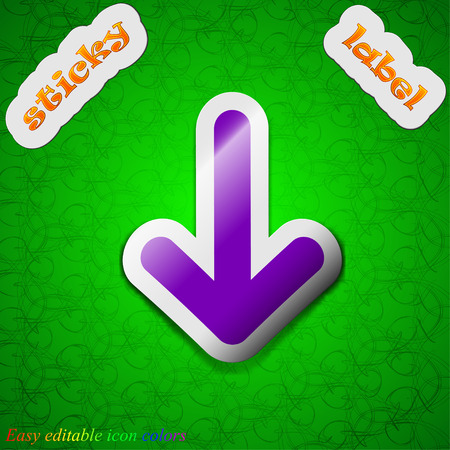 Arrow down, Download, Load, Backup icon sign. Symbol chic colored sticky label on green background. Vector illustrationのイラスト素材