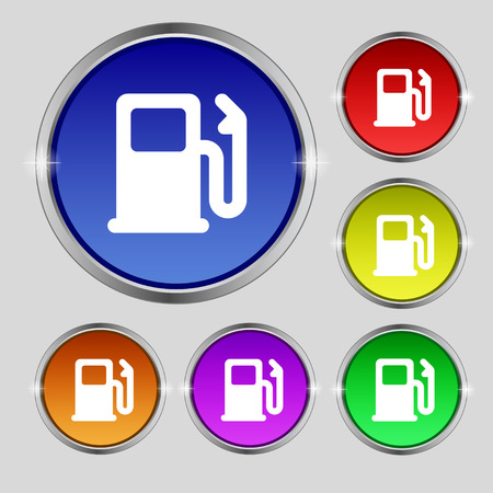 Petrol or Gas station, Car fuel icon sign. Round symbol on bright colourful buttons. Vector illustrationのイラスト素材