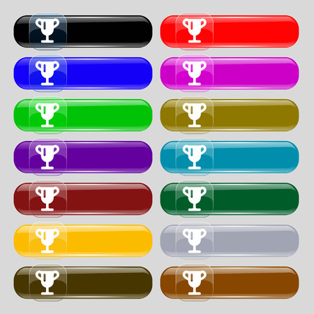 Winner cup, Awarding of winners, Trophy  icon sign. Set from fourteen multi-colored glass buttons with place for text. Vector illustrationのイラスト素材