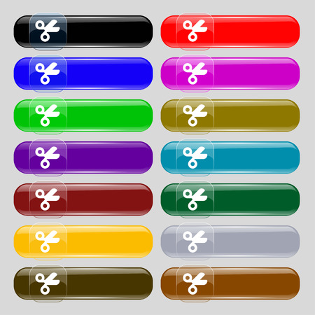 Scissors hairdresser, Tailor  icon sign. Set from fourteen multi-colored glass buttons with place for text. Vector illustrationのイラスト素材