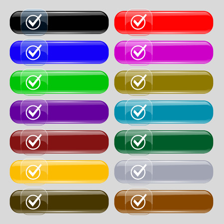 Check mark, tik  icon sign. Set from fourteen multi-colored glass buttons with place for text. Vector illustrationのイラスト素材