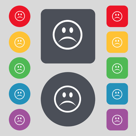Sad face, Sadness depression icon sign. A set of 12 colored buttons. Flat design. Vector illustrationのイラスト素材