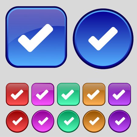 Check mark, tik icon sign. A set of twelve vintage buttons for your design. Vector illustrationのイラスト素材