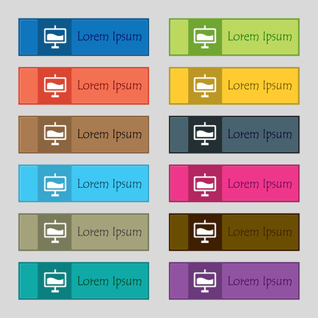 Presentation billboard  icon sign. Set of twelve rectangular, colorful, beautiful, high-quality buttons for the site. Vector illustrationのイラスト素材