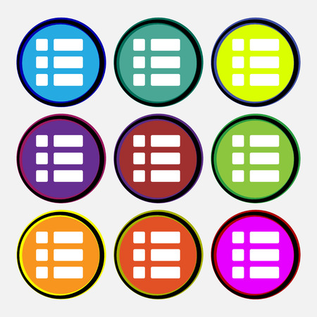 List menu, Content view options  icon sign. Nine multi-colored round buttons. Vector illustrationのイラスト素材