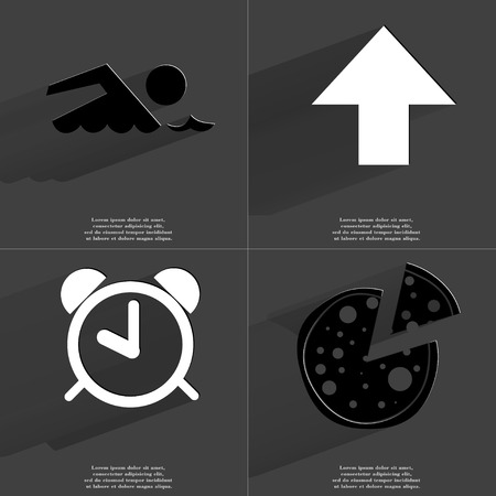 Silhouette of swimmer, Arrow directed upwards, Alarm clock, Pizza. Symbols with long shadow. Flat design. Raster copyの写真素材