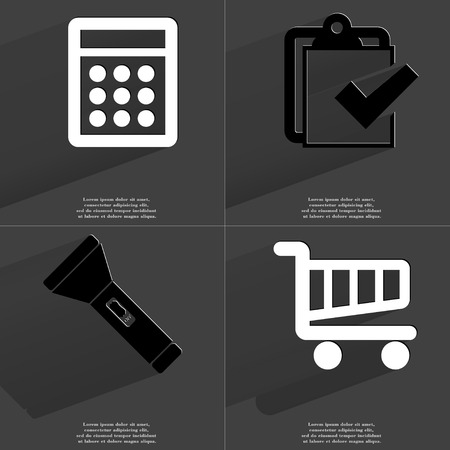 Calculator, Task completed icon, Flashlight, Shopping cart. Symbols with long shadow. Flat design. Raster copyの写真素材