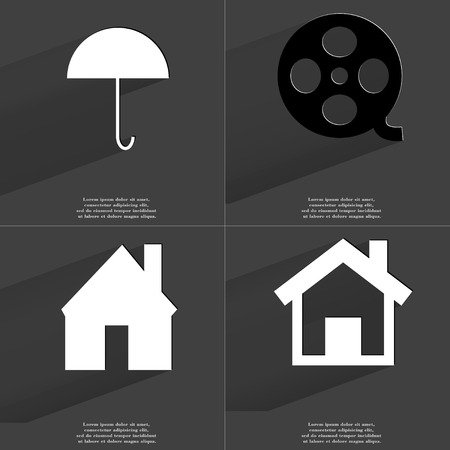 Umbrella, Videotape, House. Symbols with long shadow. Flat design. Raster copyの写真素材