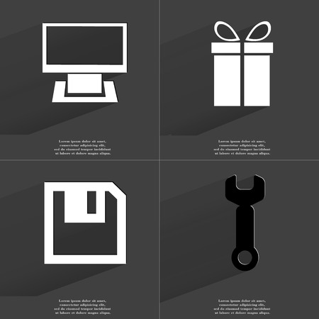 Monitor, Gift, Floppy disk, Wrench. Symbols with long shadow. Flat design. Raster copyの写真素材