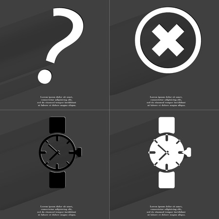 Question mark, Stop sign, Wrist watch. Symbols with long shadow. Flat design. Raster copyの写真素材