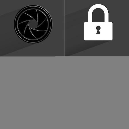 Lens, Lock, Clock, Floppy disk. Symbols with long shadow. Flat design. Raster copyの写真素材