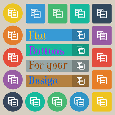 copy icon sign. Set of twenty colored flat round square and rectangular buttons. Vectorのイラスト素材