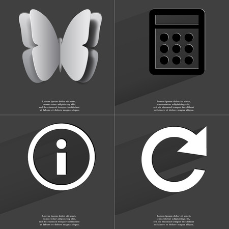 Butterfly, Calculator, Information sign, Reload icon. Symbols with long shadow. Flat design. Raster copyの写真素材