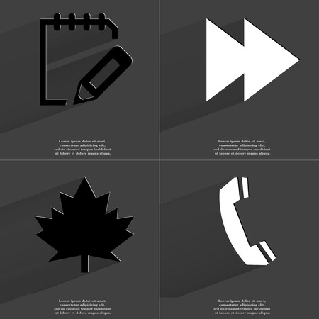 Notebook, Two arrows media icon, Maple leaf, Receiver. Symbols with long shadow. Flat design. Raster copyの写真素材