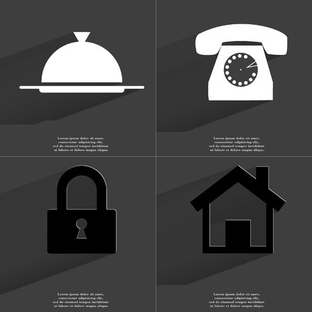 Tray, Retro phone, Lock, House icon sign. Set of Symbols with Flat design and Long hadows. Raster copyの写真素材
