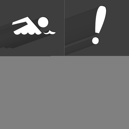 Silhouette of swimmer, Exclamation mark, Umbrella, Web with cursor icon sign. Set of Symbols with Flat design and Long hadows. Raster copyの写真素材