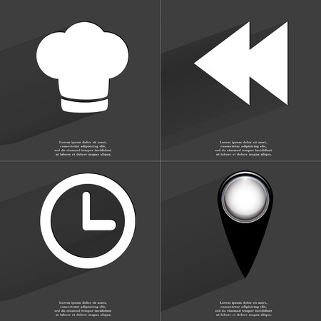 Cooking hat, Two arrows media, Clock, Checkpoint icon sign. Set of Symbols with Flat design and Long hadows. Raster copyの写真素材